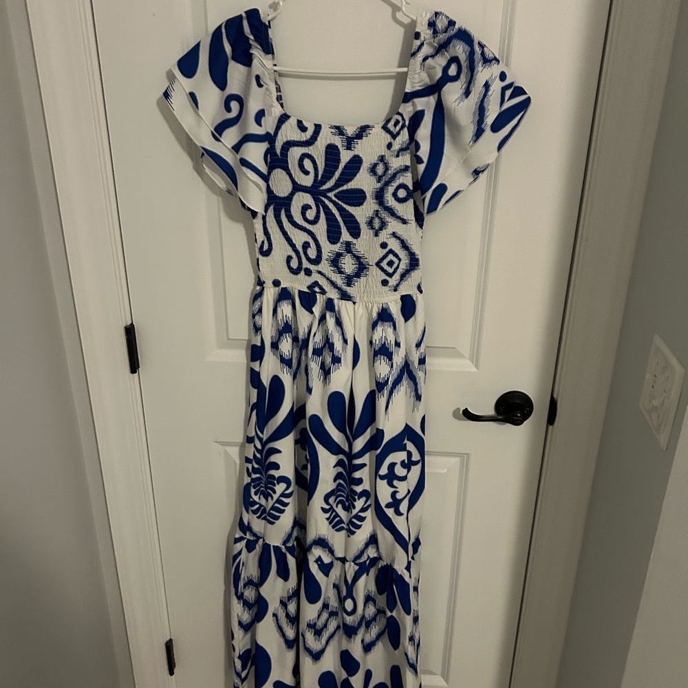 Blue and White Patterned Maxi Dress